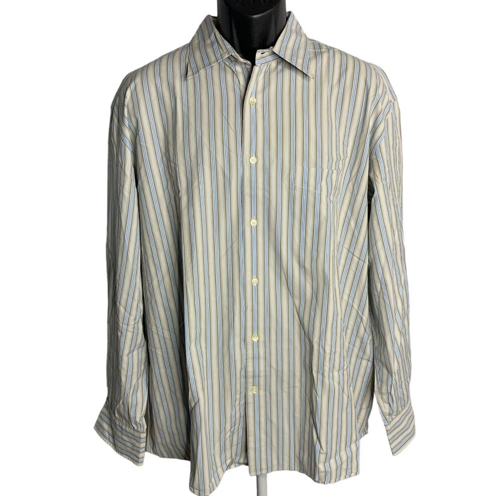 Faconnable Button Up Long Sleeve Shirt L Brown Striped Chest Pocket Stretch